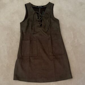 Olive Sleeveless Faux Suede Lace-Up Dress